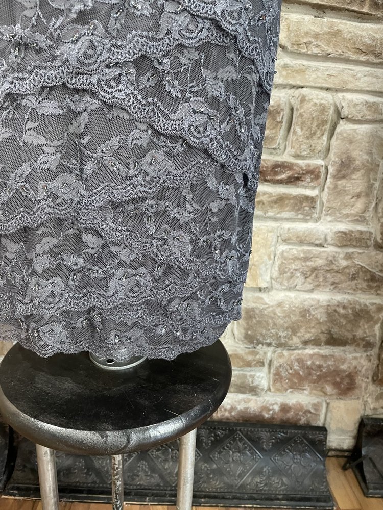Caché Grey Beaded Lace Layered Bottom Sheath Dress, Size 6