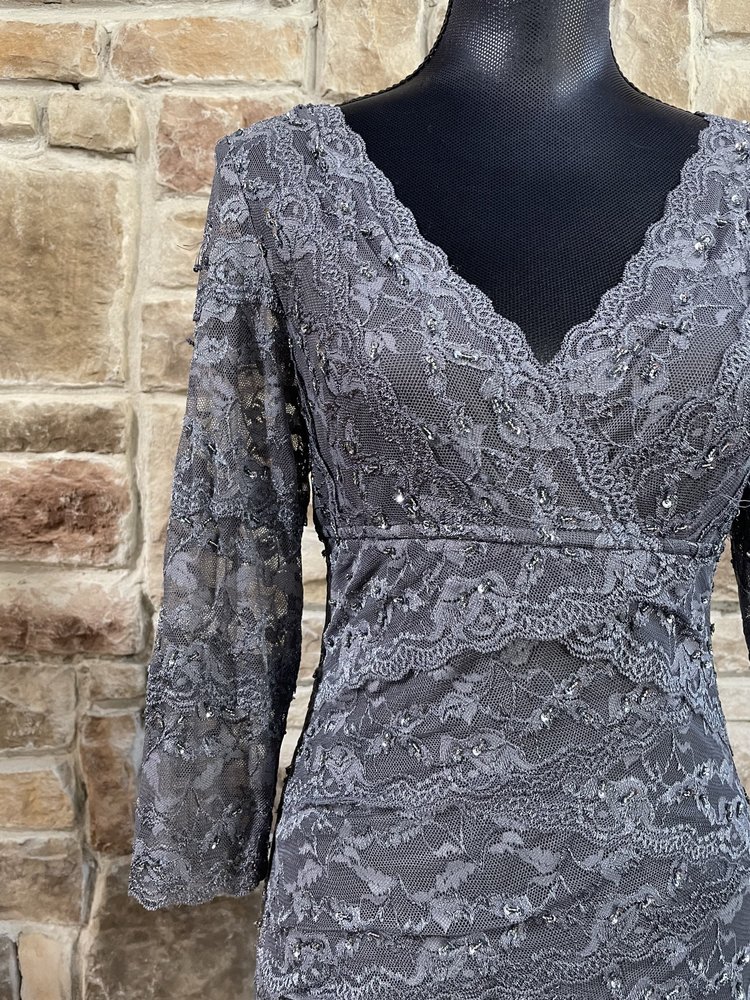 Caché Grey Beaded Lace Layered Bottom Sheath Dress, Size 6