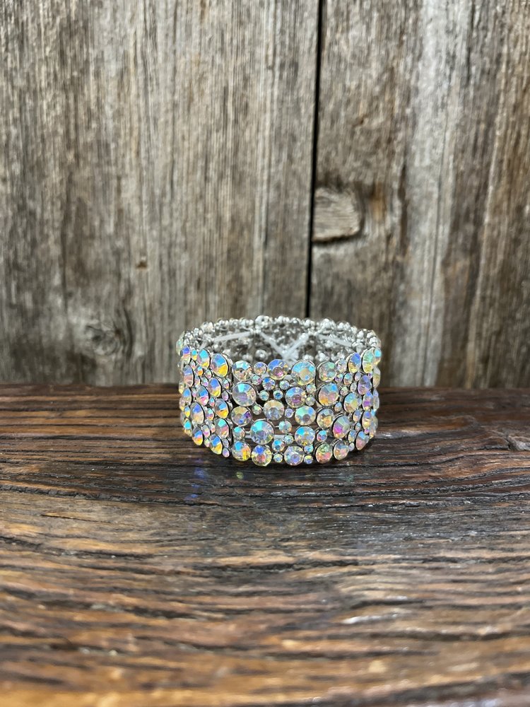 Silver w/AB Gemstone Panels Stretch Bracelet