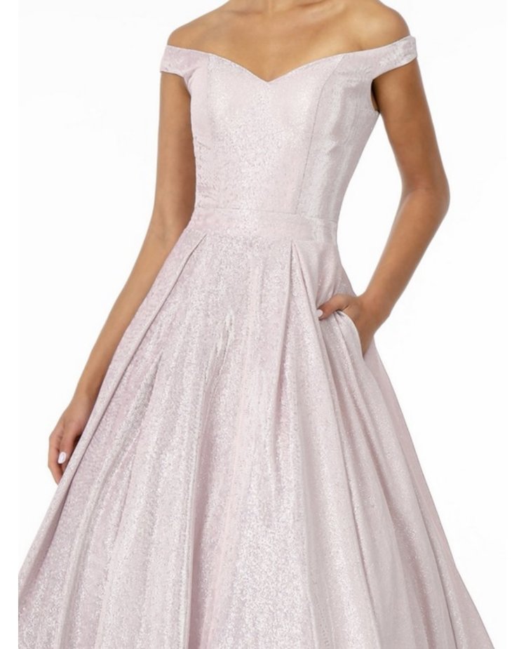 Elizabeth K by gls Pink Glitter Shimmer Off the Shoulder Gown w/ Pockets, Size 3XL