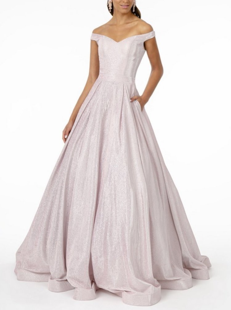 Elizabeth K by gls Pink Glitter Shimmer Off the Shoulder Gown w/ Pockets, Size 3XL