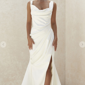 Topsix White Full Train Satin Cowl Neck Gown