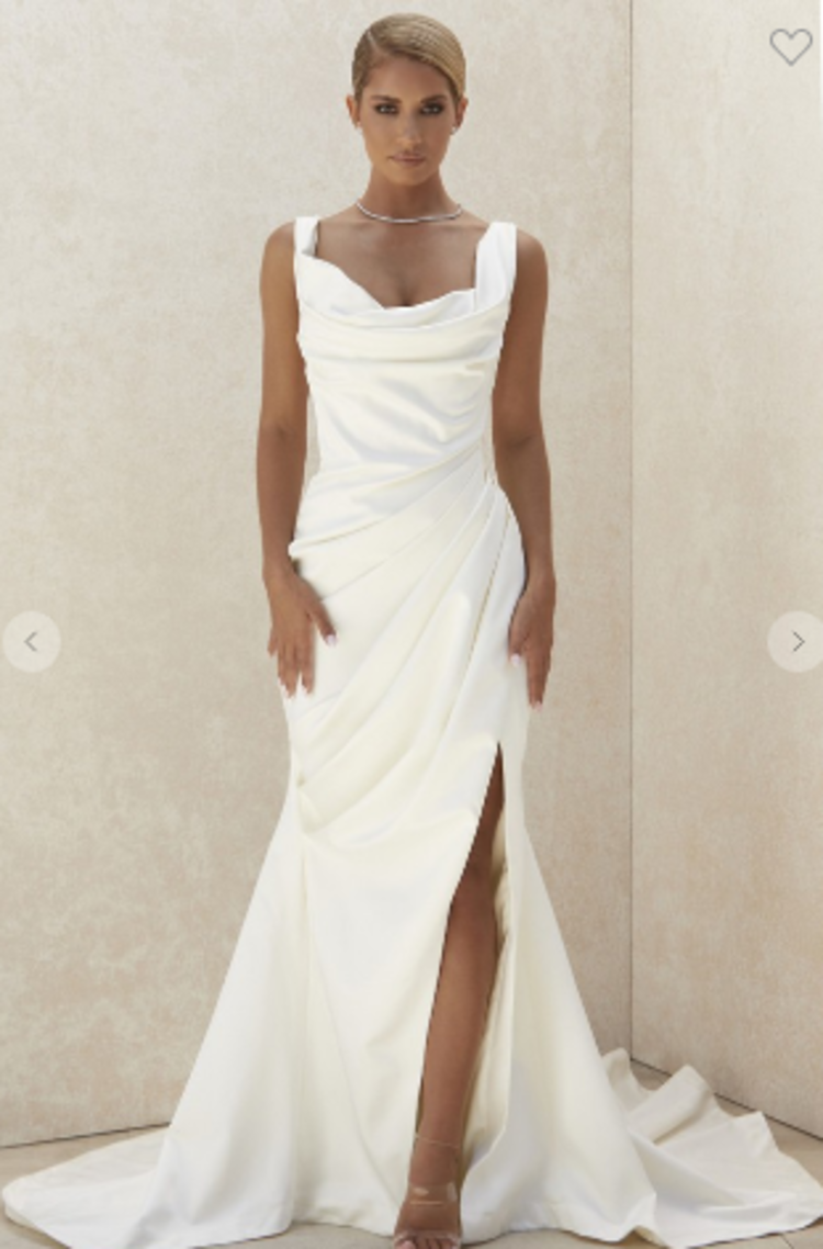 Topsix White Full Train Satin Cowl Neck Gown