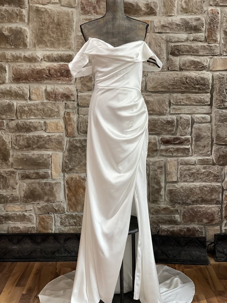 Topsix White Full Train Satin Cowl Neck Gown
