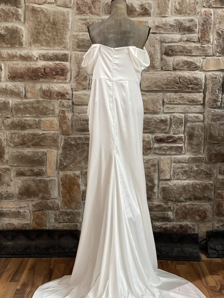 Topsix White Full Train Satin Cowl Neck Gown