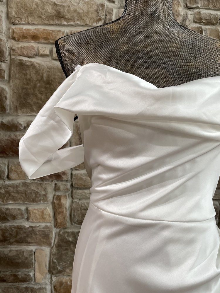 Topsix White Full Train Satin Cowl Neck Gown