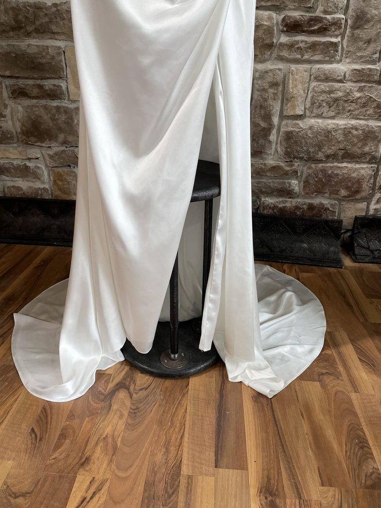 Topsix White Full Train Satin Cowl Neck Gown