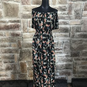 Black floral off-the-shoulder dress with pockets