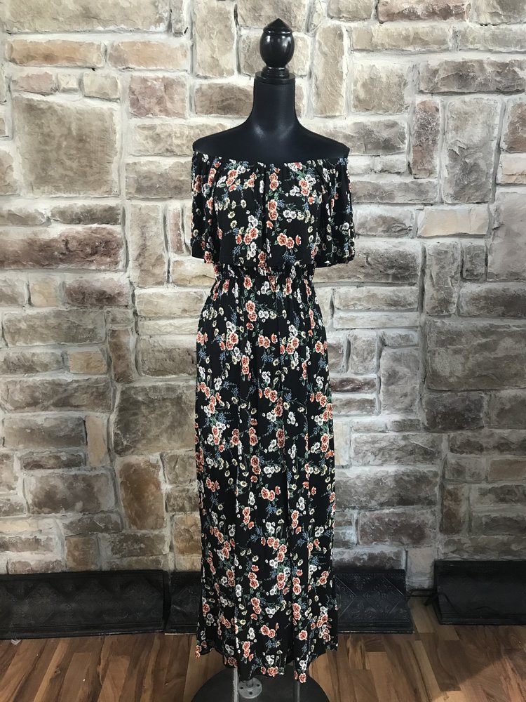 Black floral off-the-shoulder dress with pockets