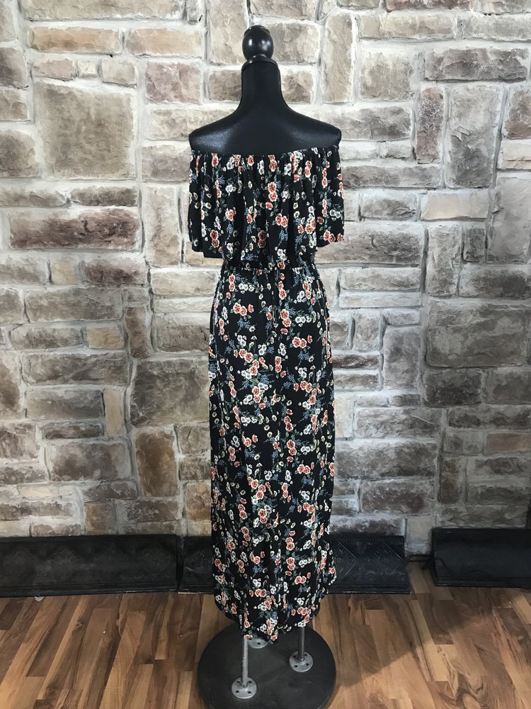 Black floral off-the-shoulder dress with pockets