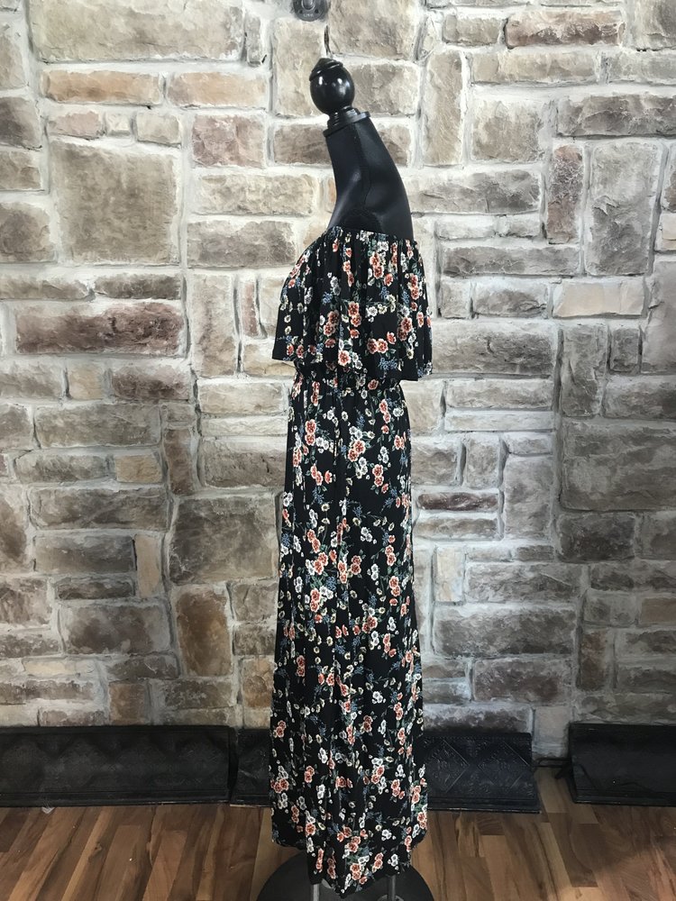 Black floral off-the-shoulder dress with pockets