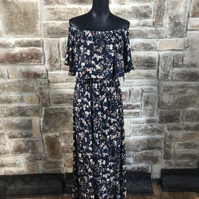 Blue floral off-the-shoulder dress with pockets