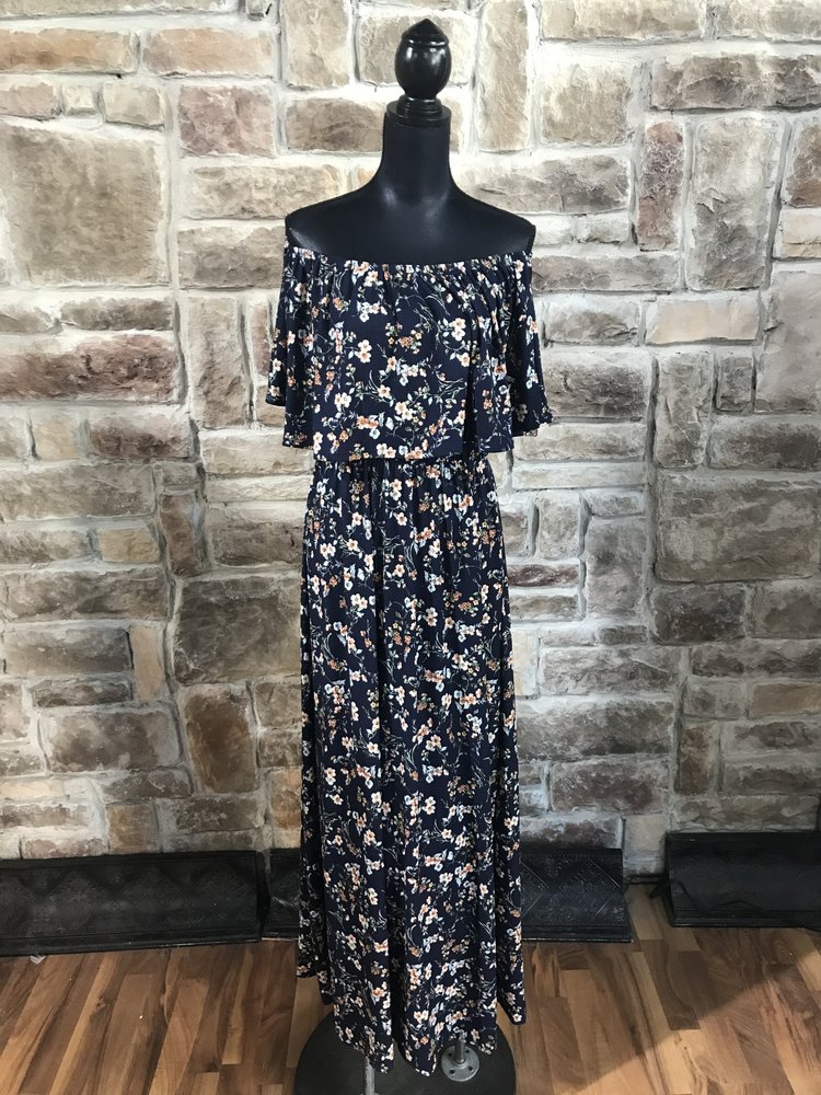 Blue floral off-the-shoulder dress with pockets