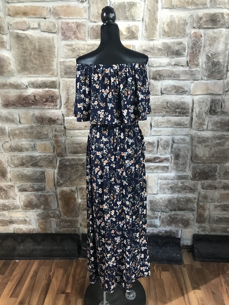 Blue floral off-the-shoulder dress with pockets