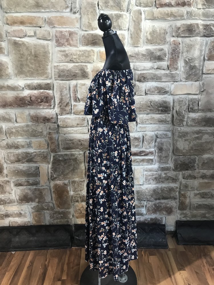 Blue floral off-the-shoulder dress with pockets