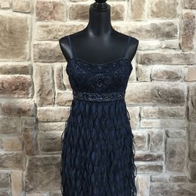 Sue Wong Navy Beaded Dress with Faux Feather Skirt, Size 12