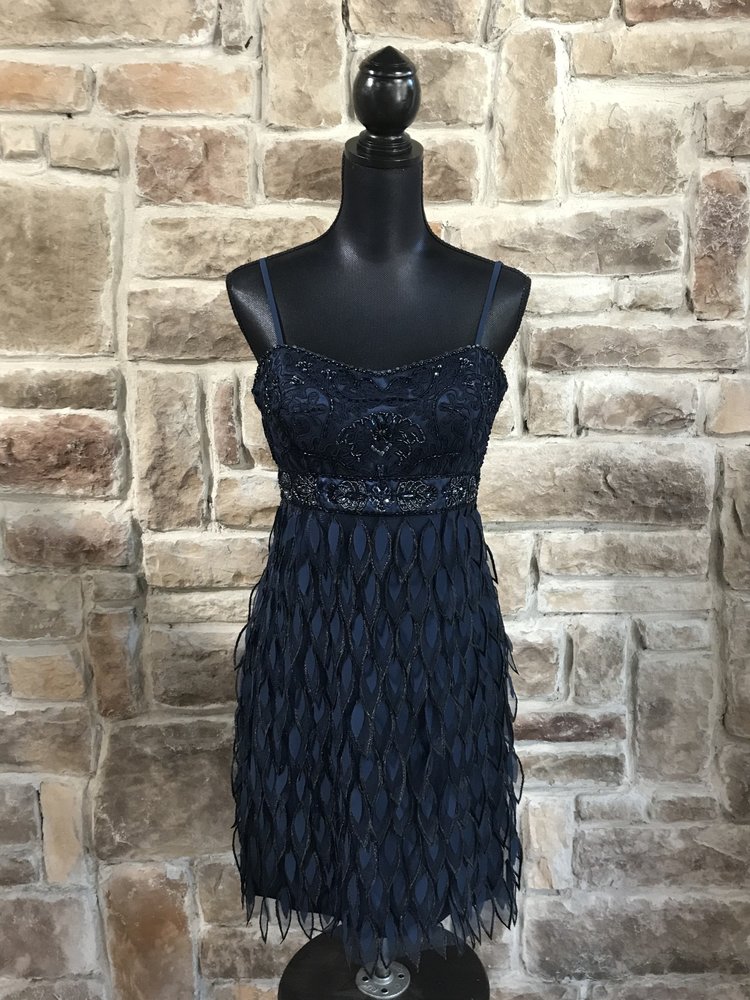 Sue Wong Navy Beaded Dress with Faux Feather Skirt, Size 12