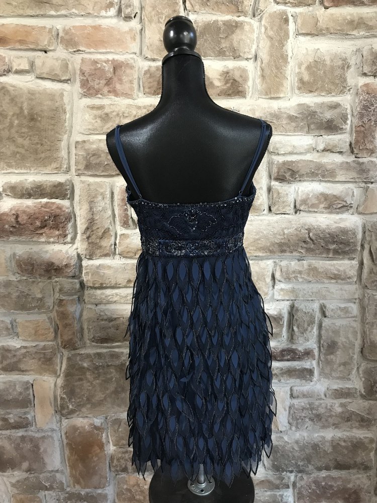 Sue Wong Navy Beaded Dress with Faux Feather Skirt, Size 12