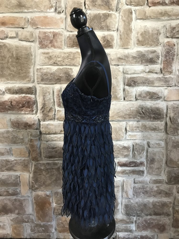 Sue Wong Navy Beaded Dress with Faux Feather Skirt, Size 12