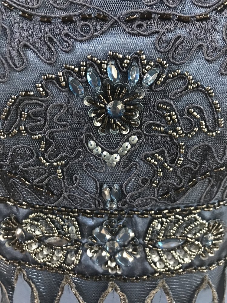 Sue Wong Navy Beaded Dress with Faux Feather Skirt, Size 12