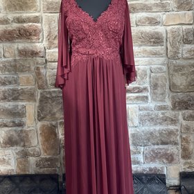 May Queen Burgundy Lace Top Flutter Cape Sleeve Gown, Size 6XL