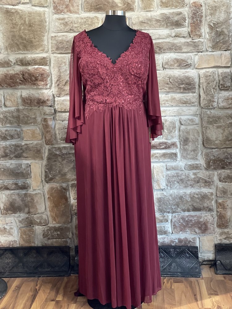 May Queen Burgundy Lace Top Flutter Cape Sleeve Gown, Size 6XL