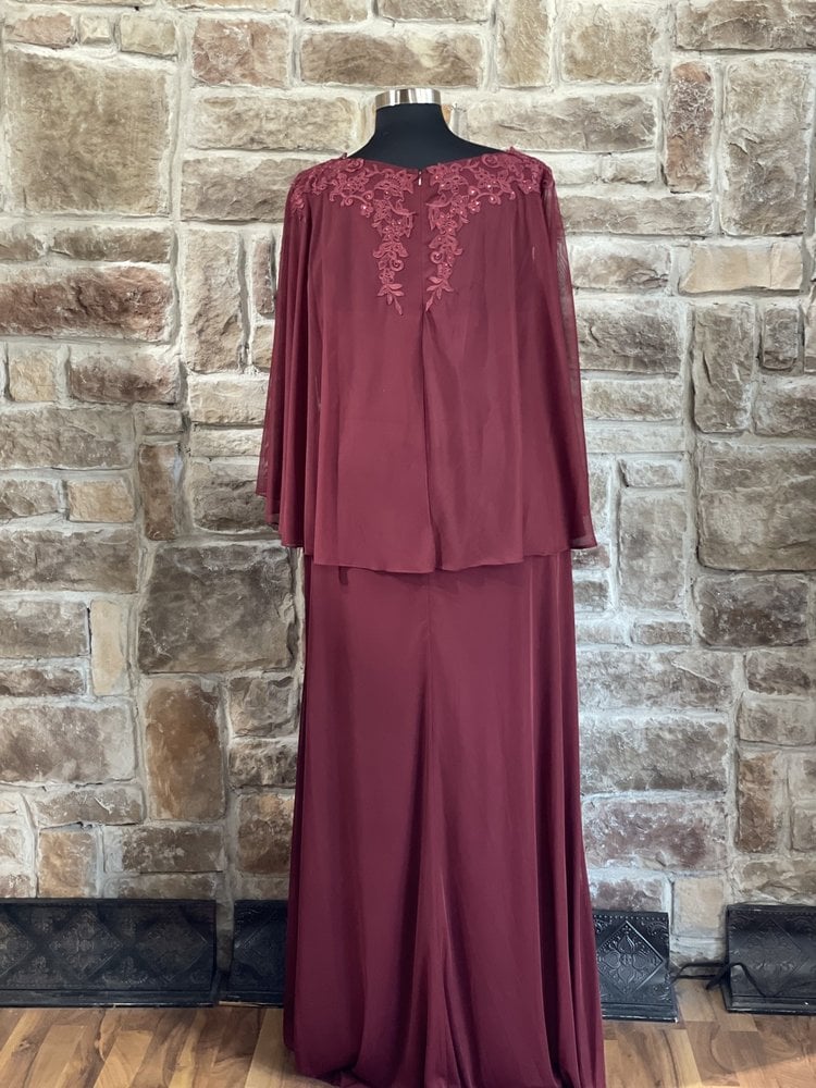 May Queen Burgundy Lace Top Flutter Cape Sleeve Gown, Size 6XL