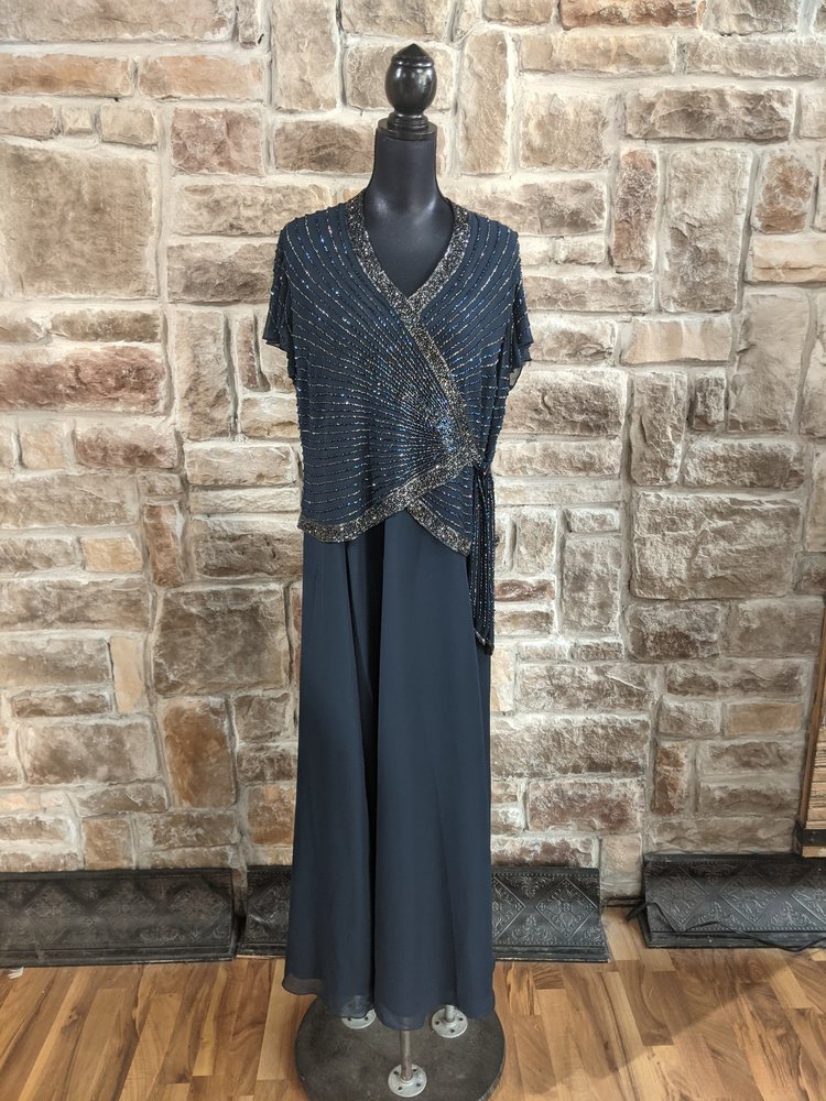 Jkara Navy Blue Beaded Top Dress, Size 14w