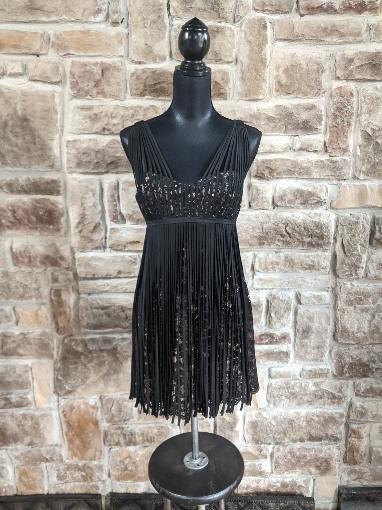 Black Lace Dress with Nude Underlay and Fringe, Size 8P