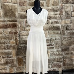 New Light White Flowy Banded Waist Dress, Size M