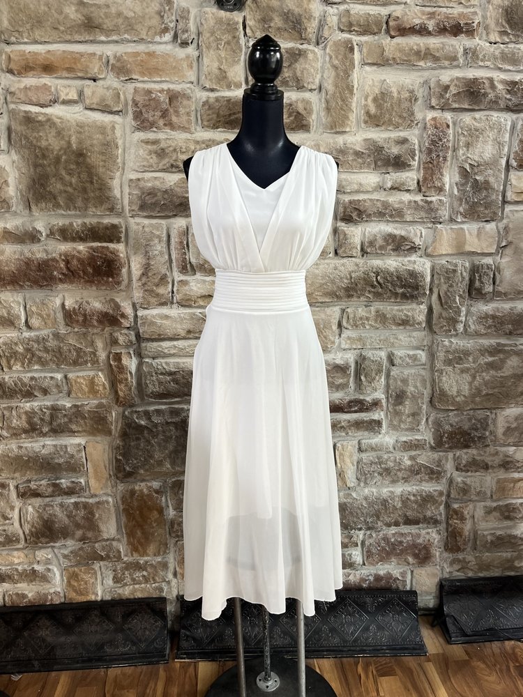 New Light White Flowy Banded Waist Dress, Size M