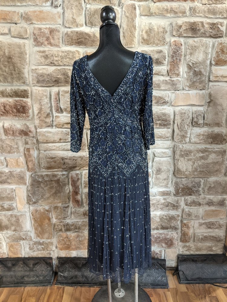 Pisarro Nights Navy Beaded Dress with Drop Waist, Size 10