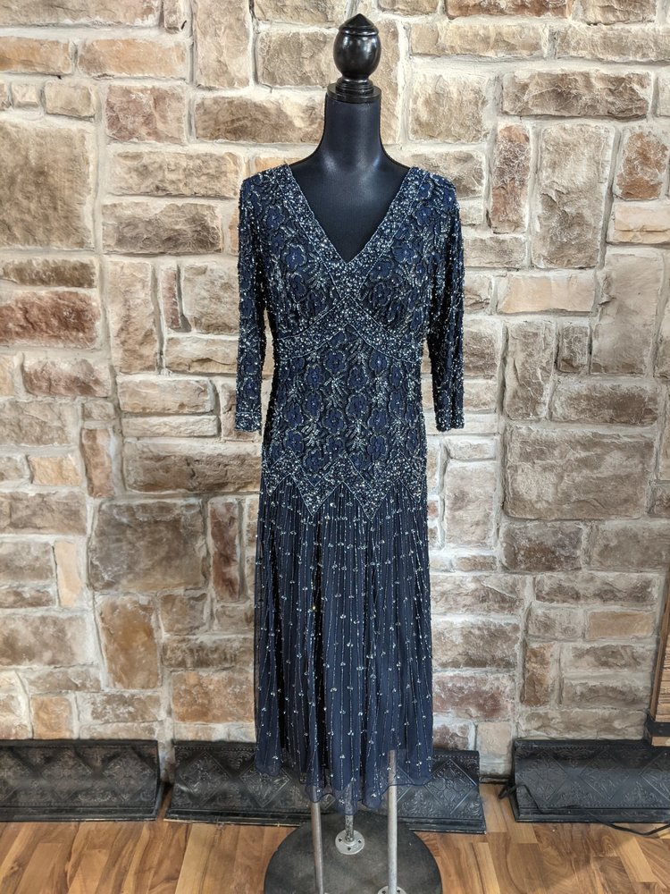 Pisarro Nights Navy Beaded Dress with Drop Waist, Size 10