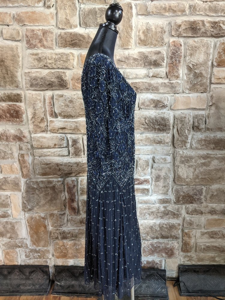Pisarro Nights Navy Beaded Dress with Drop Waist, Size 10
