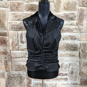 Cachet Black Rouched Sleeveless Shirt with Beaded Collar, Size 12
