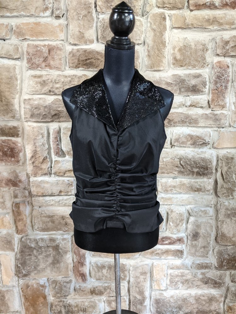 Cachet Black Rouched Sleeveless Shirt with Beaded Collar, Size 12