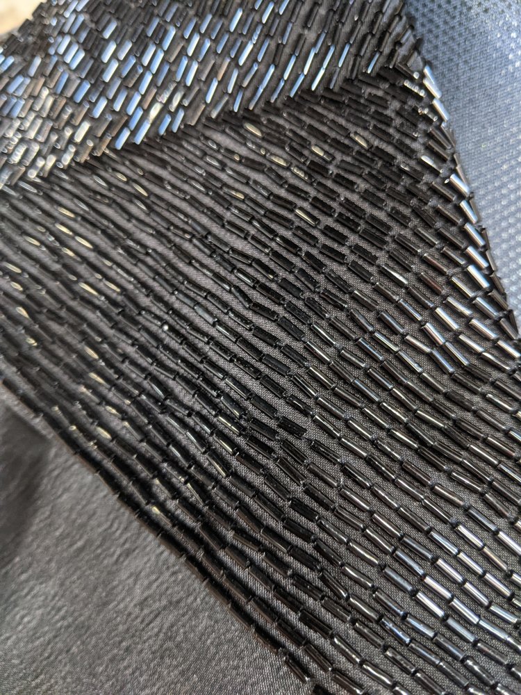 Cachet Black Rouched Sleeveless Shirt with Beaded Collar, Size 12