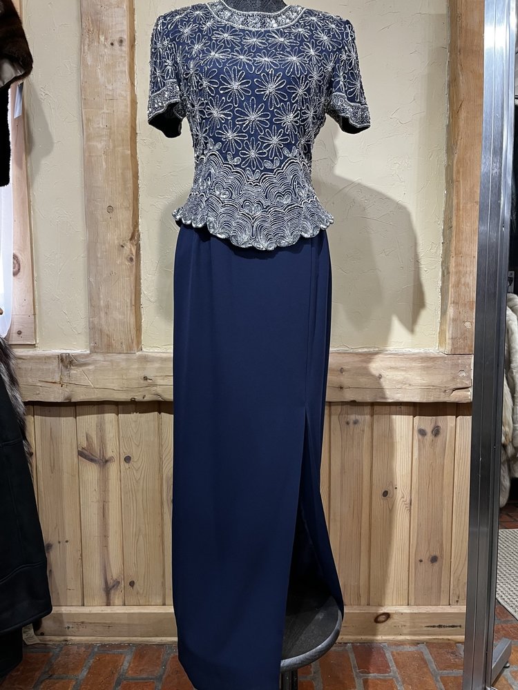 Papell Boutique Navy Beaded Top and Skirt, Size 8