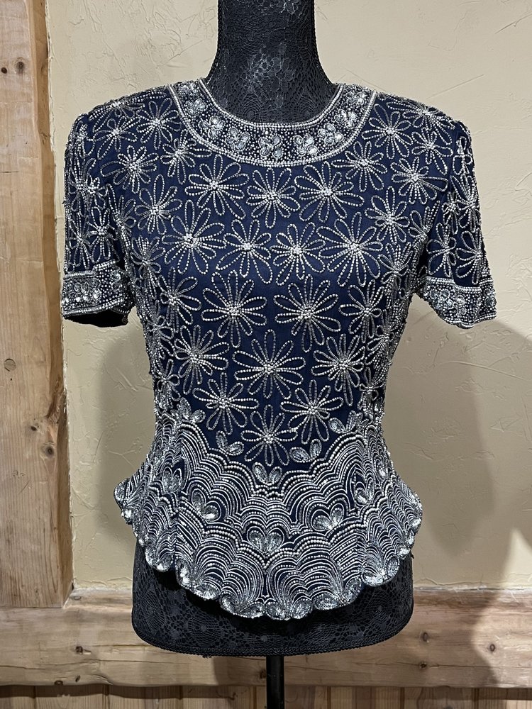 Papell Boutique Navy Beaded Top and Skirt, Size 8