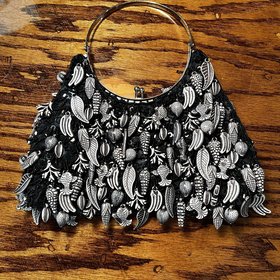 Black Vintage Novelty Handbag with Beaded Fringe