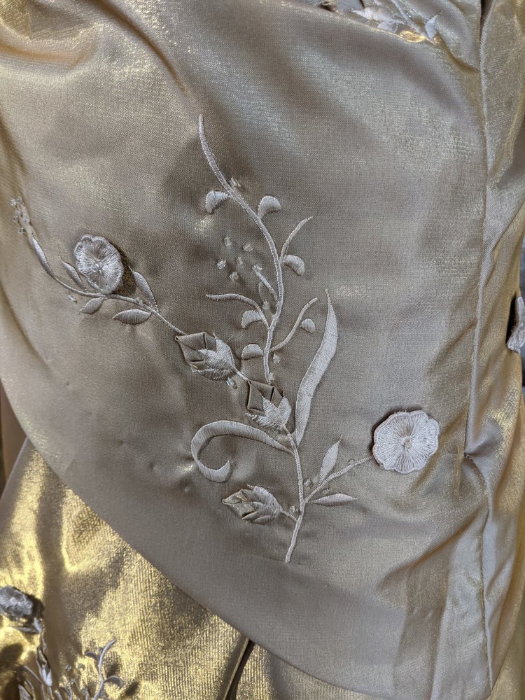 Caché Gold Shimmer Dress with Floral Embroidered Detail, Size 10