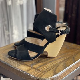 Madison Harding Black Suede Wood Wedge Heel, Size 9