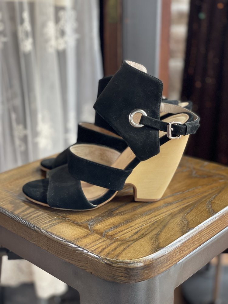 Madison Harding Black Suede Wood Wedge Heel, Size 9