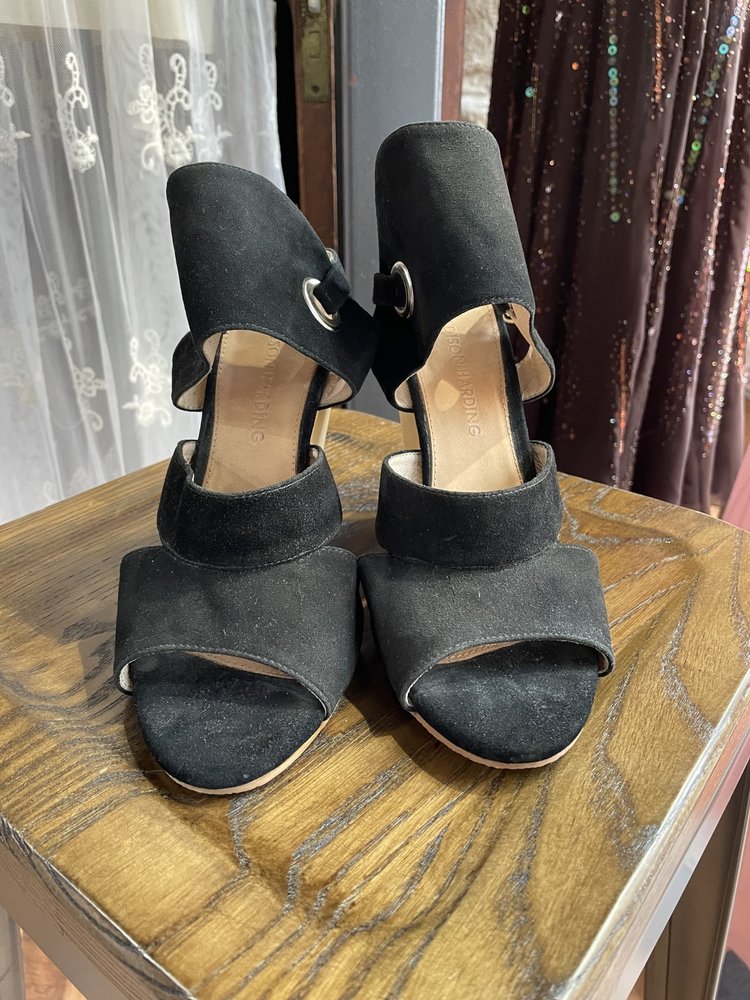 Madison Harding Black Suede Wood Wedge Heel, Size 9