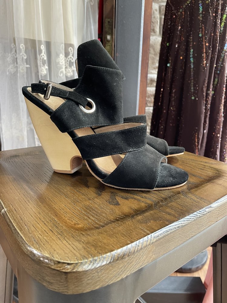 Madison Harding Black Suede Wood Wedge Heel, Size 9