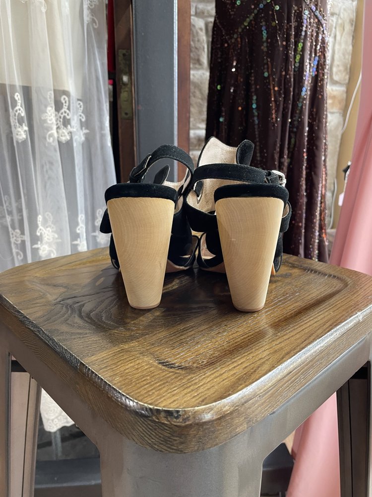 Madison Harding Black Suede Wood Wedge Heel, Size 9