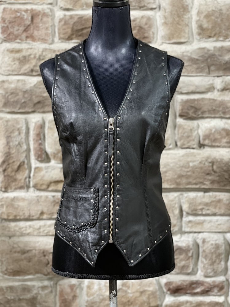 Harley-Davidson Black Leather Studded Zip Up Vest, Size XL