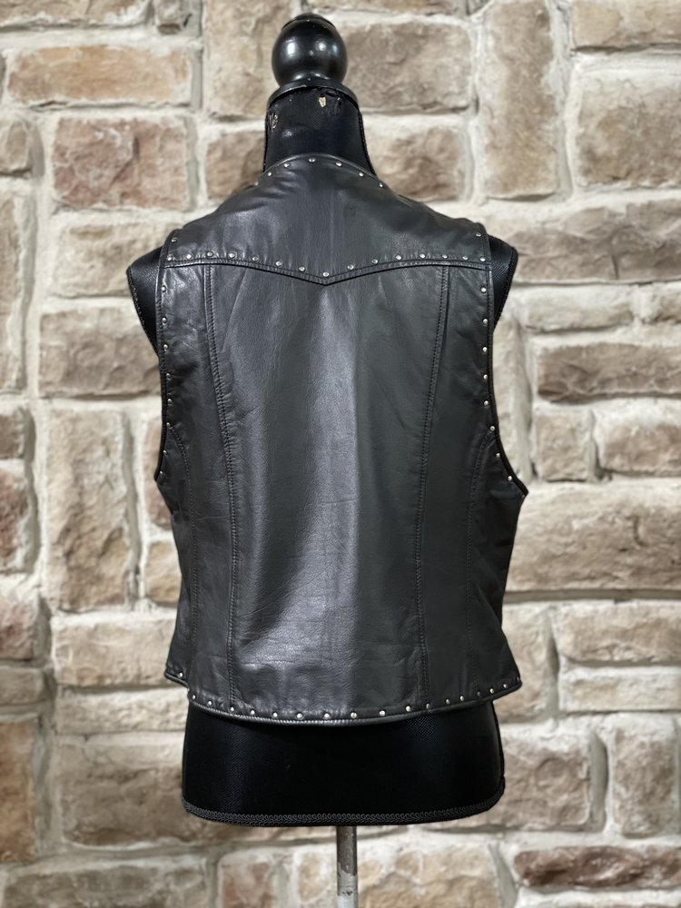 Harley-Davidson Black Leather Studded Zip Up Vest, Size XL