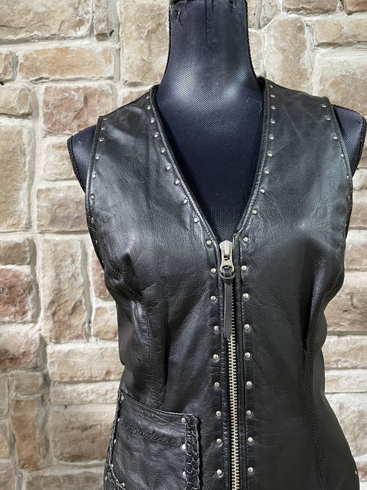 Harley-Davidson Black Leather Studded Zip Up Vest, Size XL