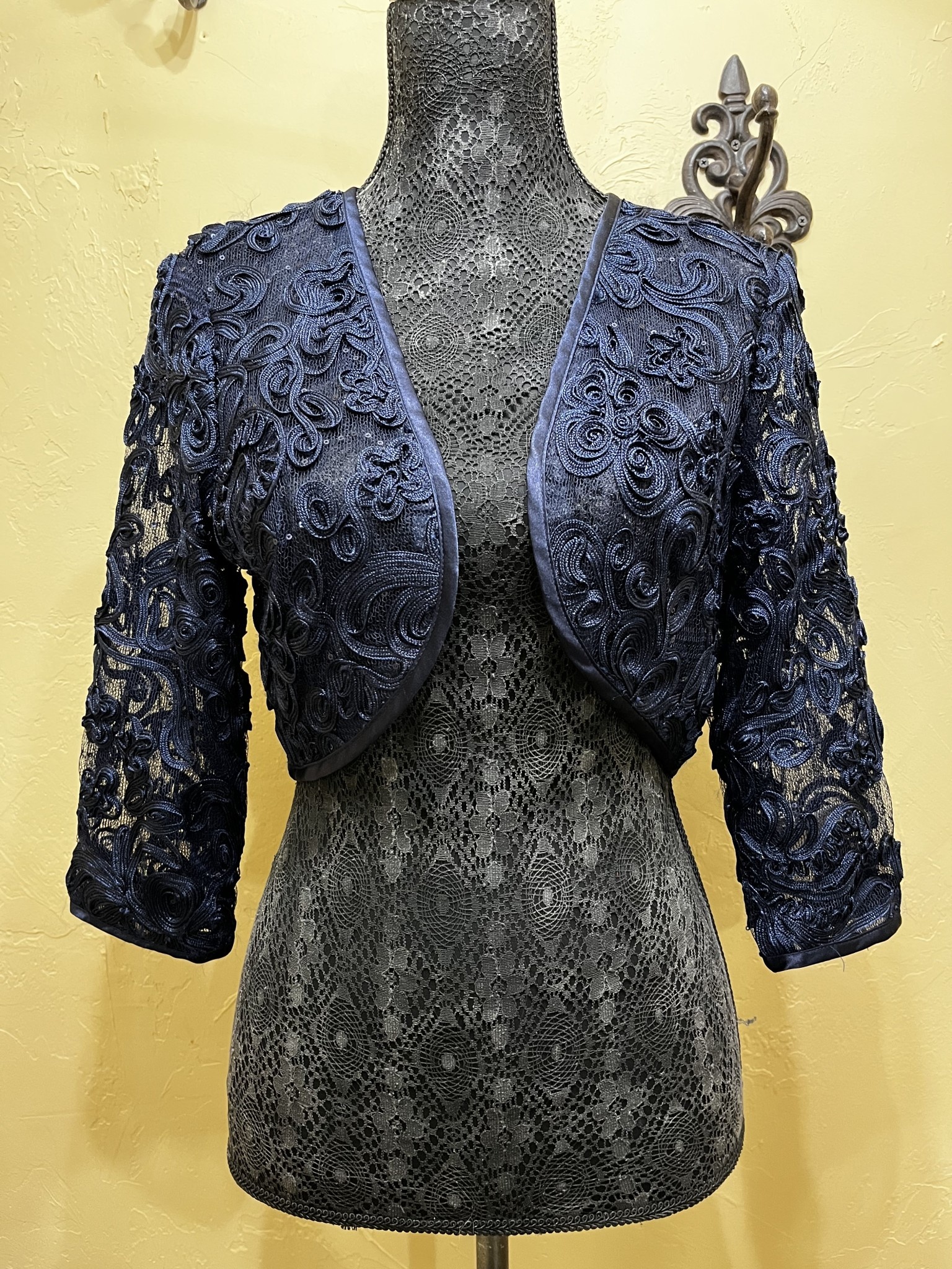 Bloom comment fill in Navy Bolero Jacket with Soutache, Size 6 - Elements Unleashed